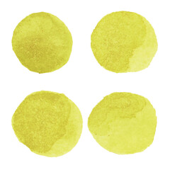 Set of yellow watercolor circle splashes. Template for logo background, postcard design elements isolated on white background. 