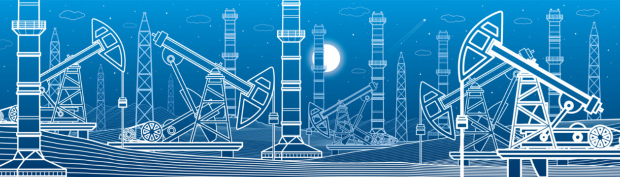 Power plant, petroleum industry. Outlines illustration. Urban night scene. Pipes and power. Factory Energy infrastructure. Vector design 