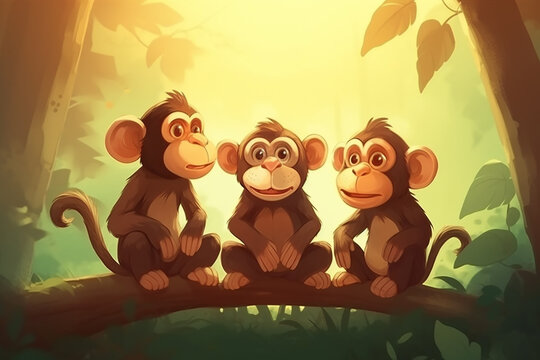 Three little monkeys are arguing under tree.