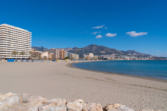 Fuengirola Spain Playa los Boliches beach one of the beautiful sandy beaches on Costa del Sol by the blue Mediterranean sea