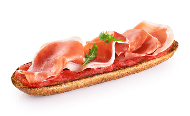 Spanish breakfast. Tostada with ripe tomato and ham (jamon) isolated on white background. With clipping path.