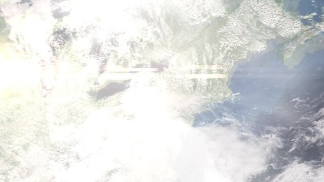 Earth zoom in from outer space to city. Zooming on Elmira, New York, USA. The animation continues by zoom out through clouds and atmosphere into space. Images from NASA