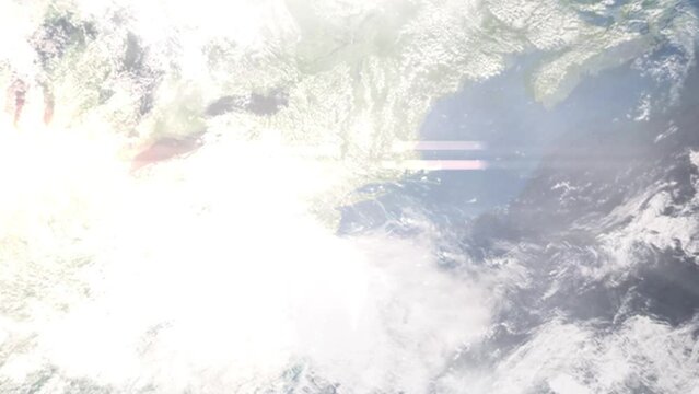 Earth zoom in from outer space to city. Zooming on Glen Cove, New York, USA. The animation continues by zoom out through clouds and atmosphere into space. Images from NASA