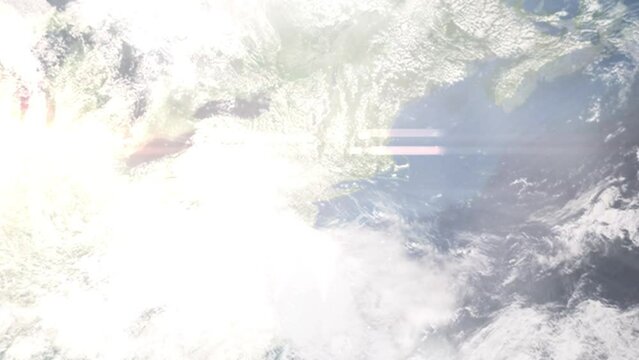 Earth zoom in from outer space to city. Zooming on Peekskill, New York, USA. The animation continues by zoom out through clouds and atmosphere into space. Images from NASA