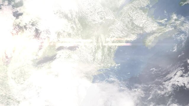 Earth zoom in from outer space to city. Zooming on Saratoga Springs, New York, USA. The animation continues by zoom out through clouds and atmosphere into space. Images from NASA