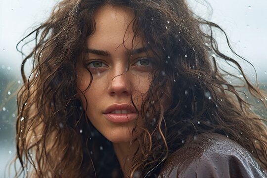 Amidst the heavy rain, a 30 y.o. pretty woman with light brown wet hair casts a sensual and mysterious gaze while wearing a gentle smile. Generative AI