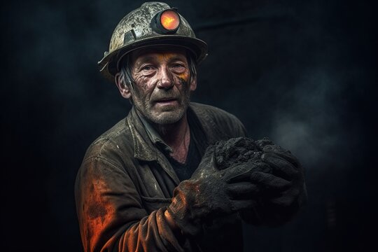 A coal miner grasping a chunk of coal, with black dust on their face and work clothes, in a dimly lit mine. Generative AI