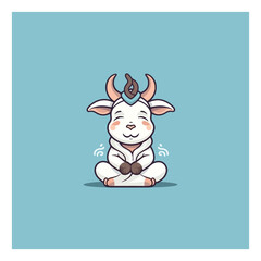 cartoon cute goat is meditating, yoga company logo. modern flat color