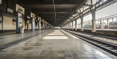 Obraz premium Very detailed image of deserted platform at an empty modern railway station, strike concept, AI generated