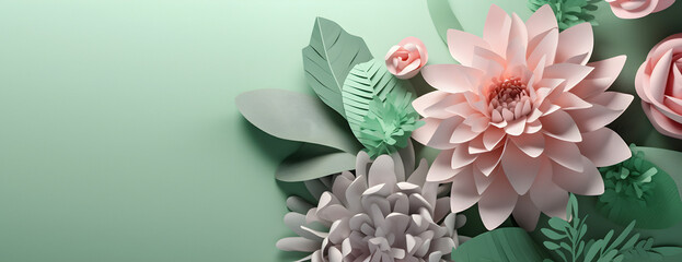 Multilayer Paper art Flowers on green background, free copy space. AI generated