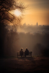 An old couple on a bench in the morning overlooking a city