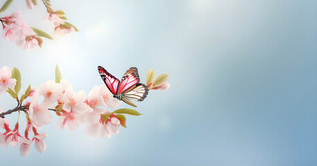 Blossoming Sakura brunches and butterfly on light blue background. Ai generated