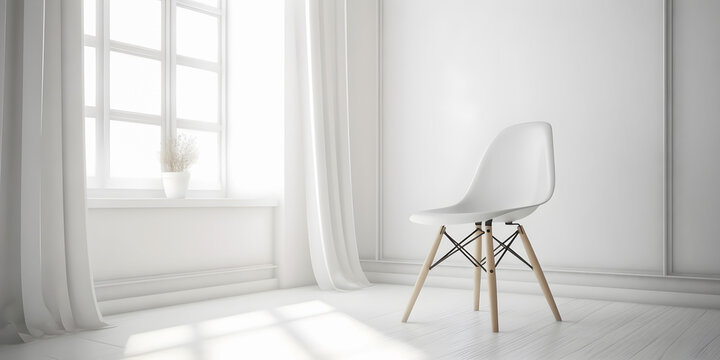 White empty room with single modern chair by the window. Scandinavian minimalistic interior. AI generated