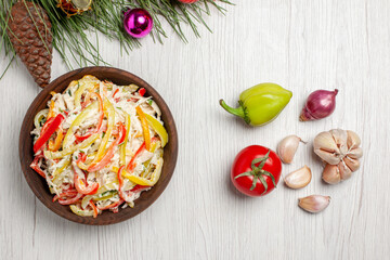 top view delicious chicken salad with mayyonaise and vegetables on white background meat fresh meal snack salad