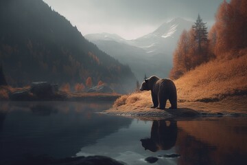 a brown bear seen from a distance perched on a rock adjacent to a body of water Generative AI