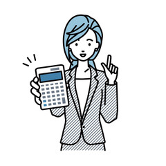 立って電卓を持ってこちらに向けて見せているスーツの女性