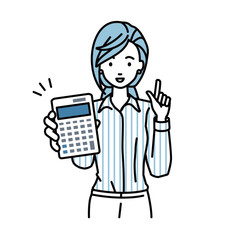 立って電卓を持ってこちらに向けて見せているブラウスの女性
