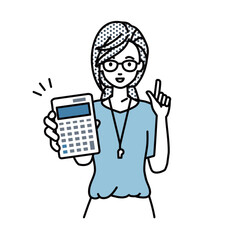 立って電卓を持ってこちらに向けて見せている教師の女性