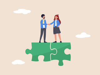Collaborate concept. Together or teamwork support each other. Success businessmen finish deal and handshake on jigsaw puzzle. Partnership or cooperate and agreement to help business success. 