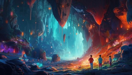 fairytale dragon and kids adventure in magic cave, Generative Ai