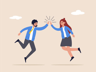 Fototapeta na wymiar Team success winners concept. Collaboration or encouragement. happy businessman and woman teamwork coworkers jumping and hi five clapping hands. Hi five or congratulation on business goal achievement.