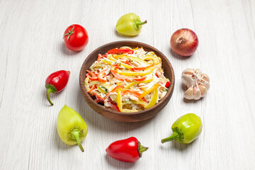 top view delicious chicken salad with vegetables on a white desk snack ripe meal meat fresh salad