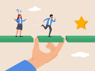 Solution or assistance concept. Connect the bridge to help and support team to success. Giant manager hand help connect missing piece as the bridge for team members to cross the gap