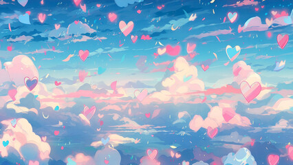 Romantic background with clouds and hearts. Colorful vector illustration