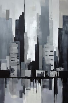 Watercolor drawing of skyscrapers in black and white tones. Generative AI.