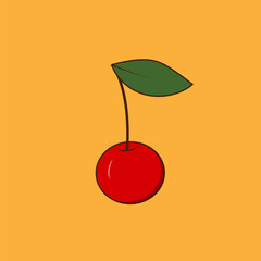 Single cherry with a leaf, isolated vector illustration