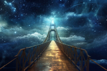 Obraz premium Generative AI: fantasy bridge wood with cloud in the space with a cute landscape