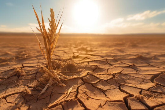 Dried ear of wheat in dry cracked soil, climate change and food crisis concept