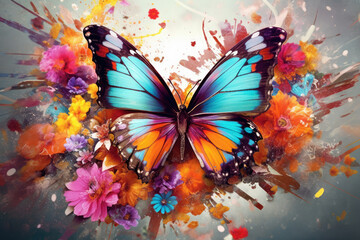 Colorful Butterfly and Flowers created with Generative AI Technology, ai, generative