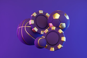 Fototapeta na wymiar Poker chips, basketball, soccer ball and tennis ball on bright, violet, neon background. 3d rendering illustration