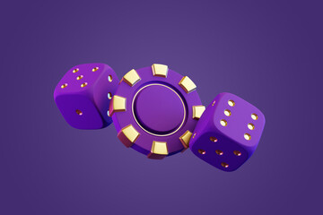 Poker chip and dices on a purple background. 3d rendering illustration