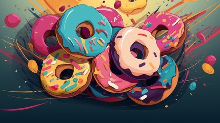 Donuts movement colorful 70 th style illustration. AI generated.