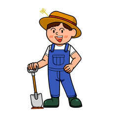 Farm Boy mascot holding a shovel 