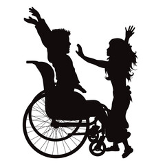 Vector silhouette of one of a siblings sitting in a wheelchair on a white background. - 599587343