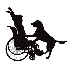 Vector silhouette of a child sitting in a wheelchair with his dog on a white background.