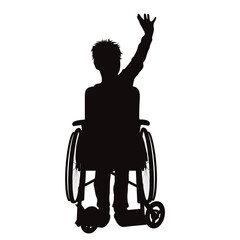 Vector silhouette of a child sitting in a wheelchair on a white background.