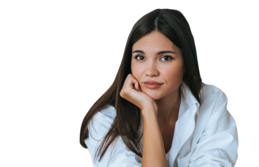 Close up portrait of serious Asian young woman in white shirt against transparent background lean on hand looks at camera. Beautiful Korean girl relaxing at home on vacation. Fatigue concept.