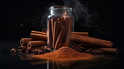 Cinnamon sticks, cinnamon powder and anise, Generative AI
