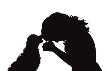 Vector silhouette of woman with her dog on white background.