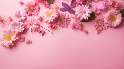Naklejka na ściany i meble Flowers on a pink background. AI generated.