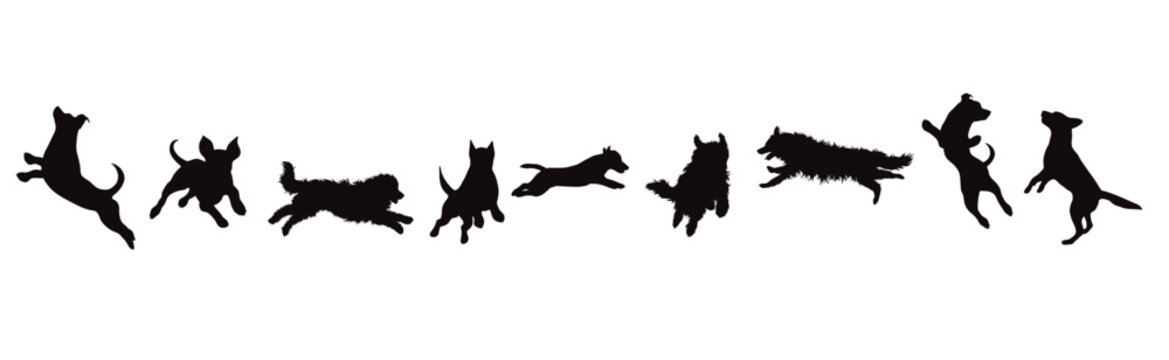 Set of vector silhouette of jumping dogs on white background.