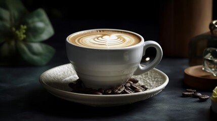 Obraz na płótnie Canvas Cup of coffee with coffee beans and cinnamon, Generative AI