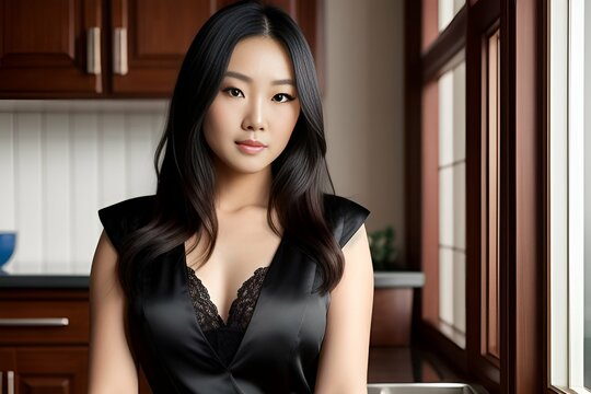 Generative Ai. Asian Young girl in black lace lingerie, silk clothes, in the kitchen