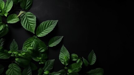 Fresh green organic leaves isolated on black background. AI generated.