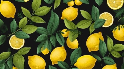 Fresh lemons with leaves pattern background. AI generated.