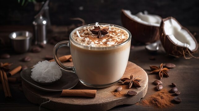 Cup of coffe, latte with coconut milk, Generative AI